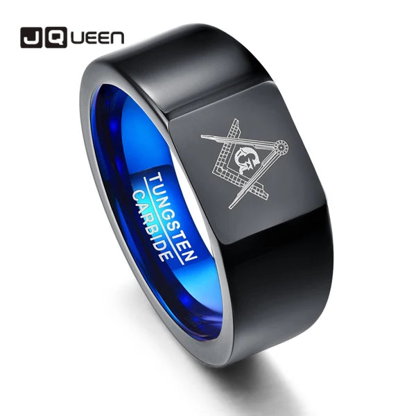 Personality 10mm Retro Big Head Style Tungsten Carbide Rings Vacuum Plating Black with Blue Rings Laser Masonic Sign  Jewelry