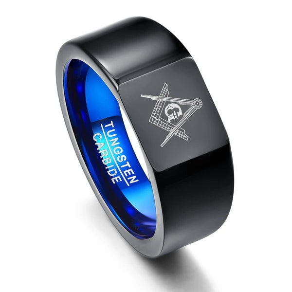 Personality 10mm Retro Big Head Style Tungsten Carbide Rings Vacuum Plating Black with Blue Rings Laser Masonic Sign  Jewelry