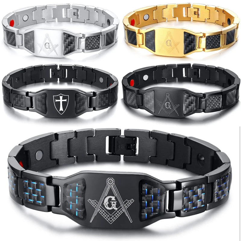 Black Magnetic Bracelet Men 316L Stainless Steel Hand Chain Masonic Bracelets Carbon Fiber