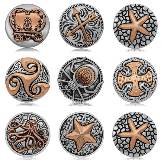 Stunning Rose golden Patterns, Crossed Arrows, Stars,  Spider, Octopus, Starfish,  Cross, Swirl, and Lock & Key, 18MM snap buttons fit all 18MM Snap Jewelry, Great Gift!