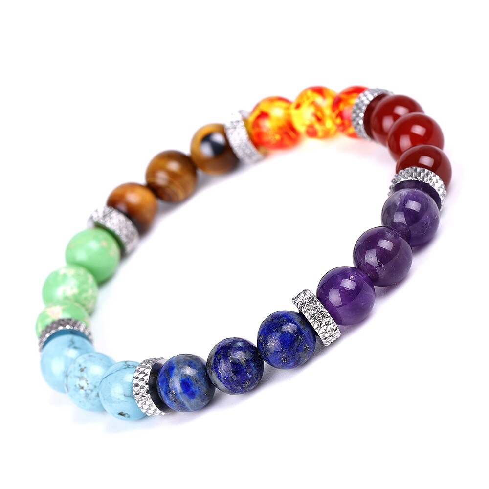 Buddha Beads, Seven Chakras, White Crystal, Red Green Aventurine, Stone Strand Bracelet Friendship Jewelry