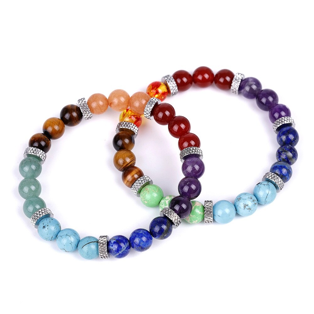 Buddha Beads, Seven Chakras, White Crystal, Red Green Aventurine, Stone Strand Bracelet Friendship Jewelry