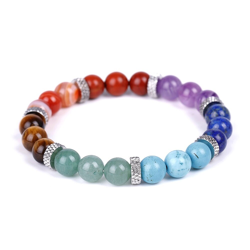 Buddha Beads, Seven Chakras, White Crystal, Red Green Aventurine, Stone Strand Bracelet Friendship Jewelry