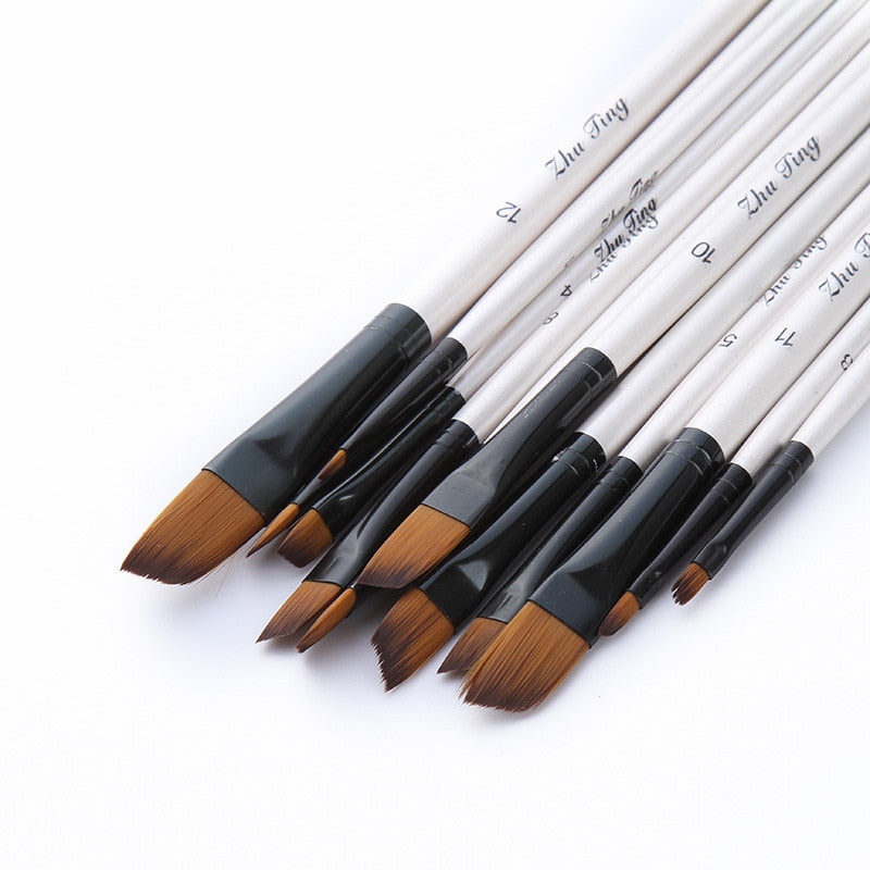 12 pcs/set Nylon Hair Wooden Handle Watercolor Paint Brush Set, Art Paint Brushes