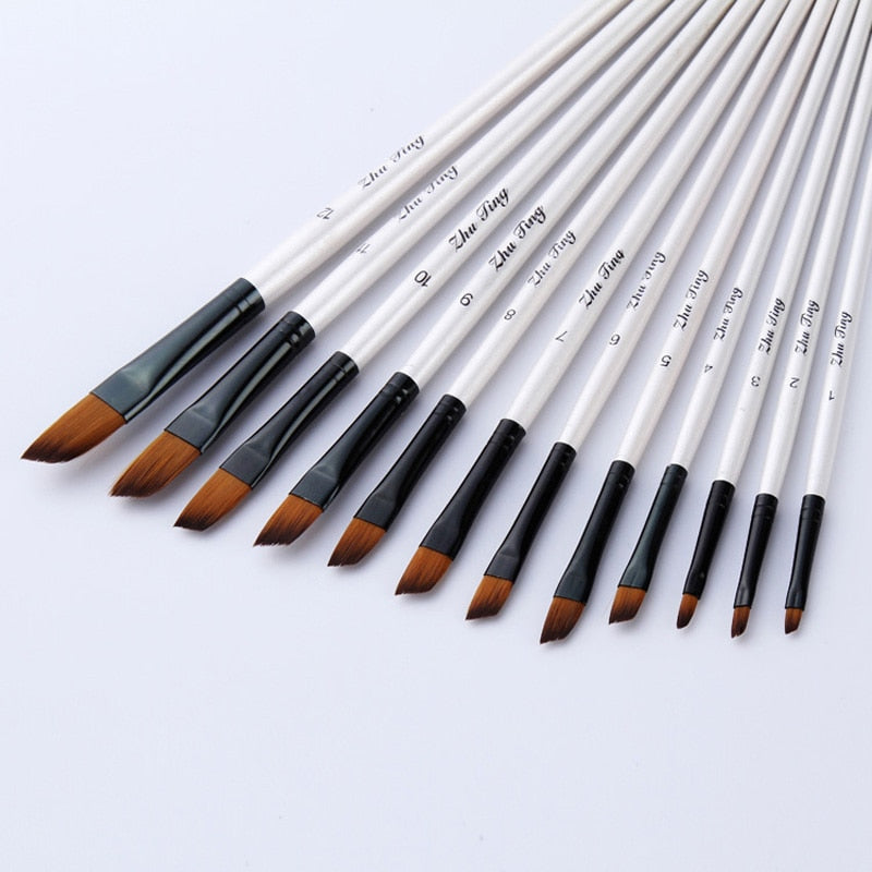 12 pcs/set Nylon Hair Wooden Handle Watercolor Paint Brush Set, Art Paint Brushes