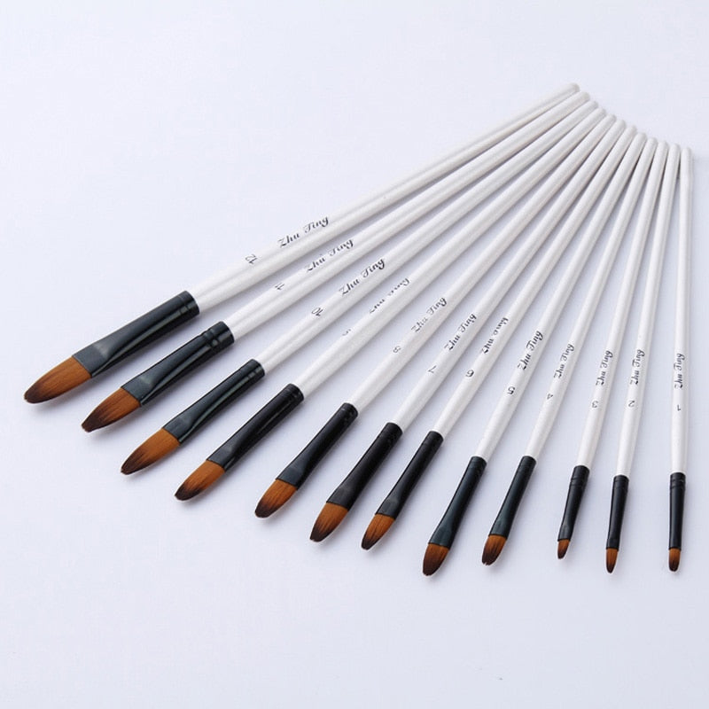 12 pcs/set Nylon Hair Wooden Handle Watercolor Paint Brush Set, Art Paint Brushes