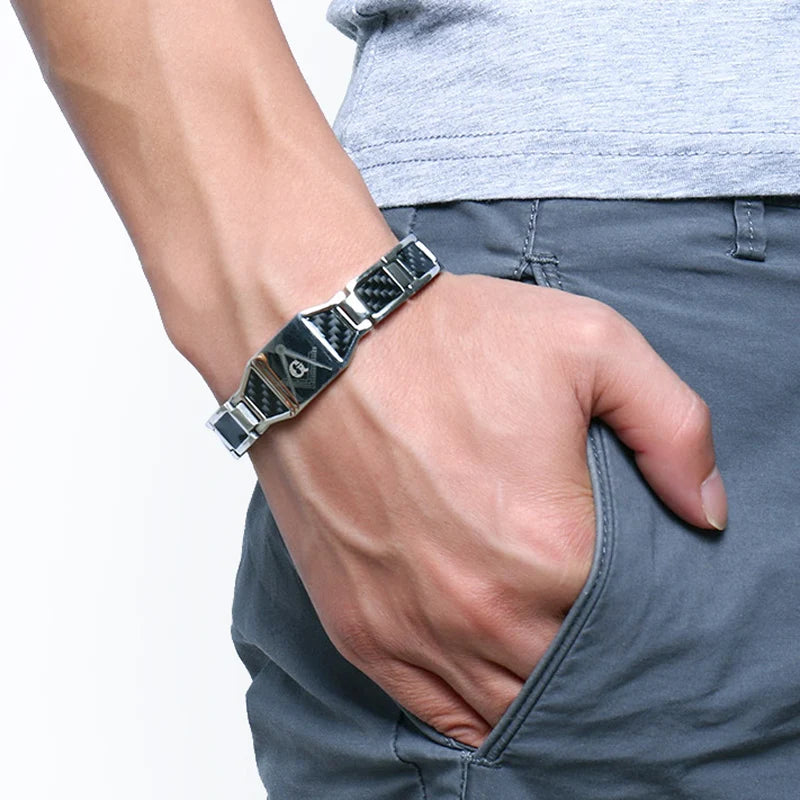 Black Magnetic Bracelet Men 316L Stainless Steel Hand Chain Masonic Bracelets Carbon Fiber