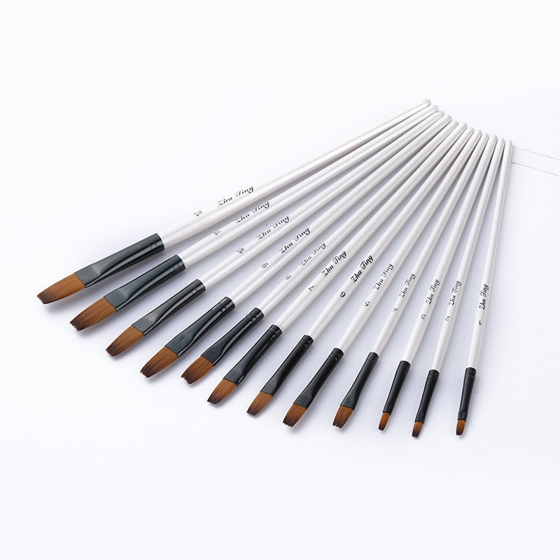 12 pcs/set Nylon Hair Wooden Handle Watercolor Paint Brush Set, Art Paint Brushes