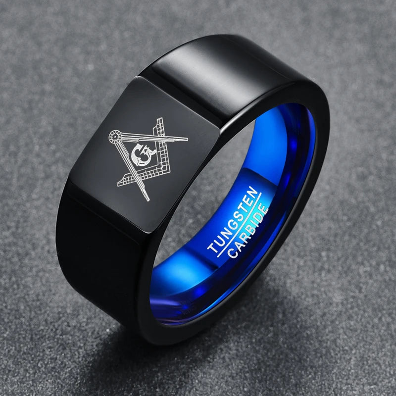 Personality 10mm Retro Big Head Style Tungsten Carbide Rings Vacuum Plating Black with Blue Rings Laser Masonic Sign  Jewelry