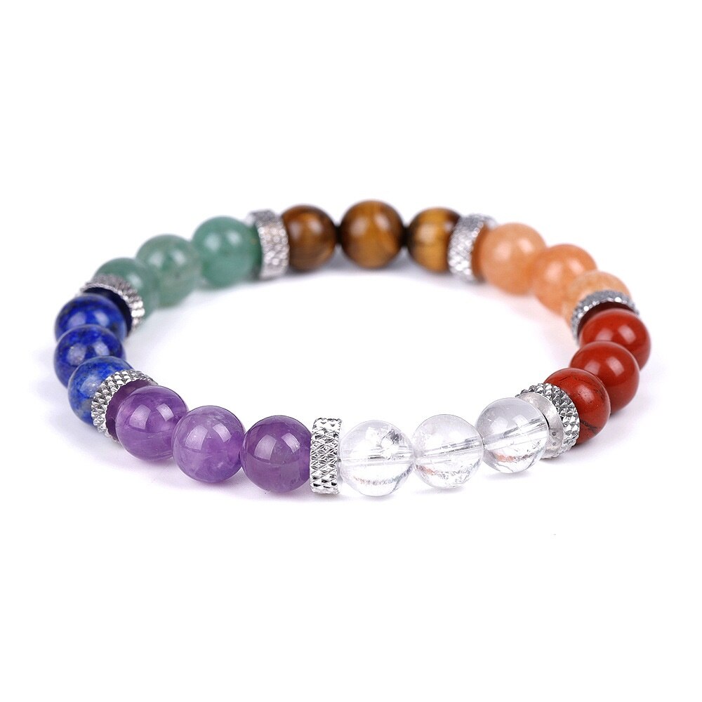 Buddha Beads, Seven Chakras, White Crystal, Red Green Aventurine, Stone Strand Bracelet Friendship Jewelry