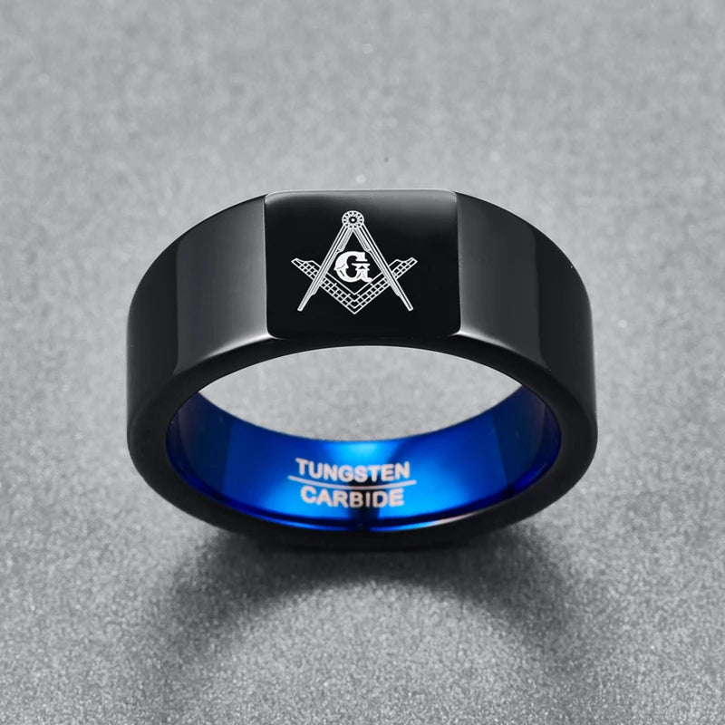 Personality 10mm Retro Big Head Style Tungsten Carbide Rings Vacuum Plating Black with Blue Rings Laser Masonic Sign  Jewelry