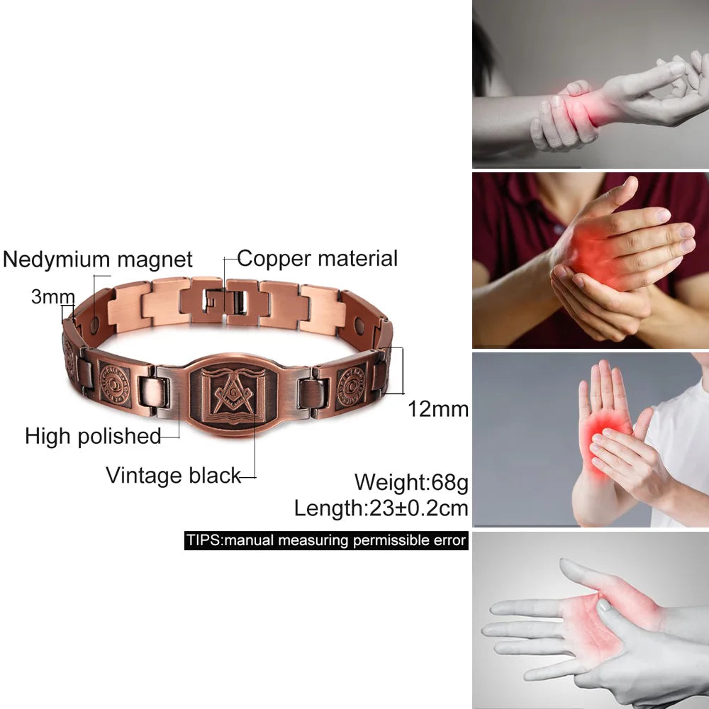 Masonic Magnetic Bracelet Copper 12mm Wristband Magnetic Men Bracelet Vintage Ethnic Tribal Eye Health Energy Bracelet