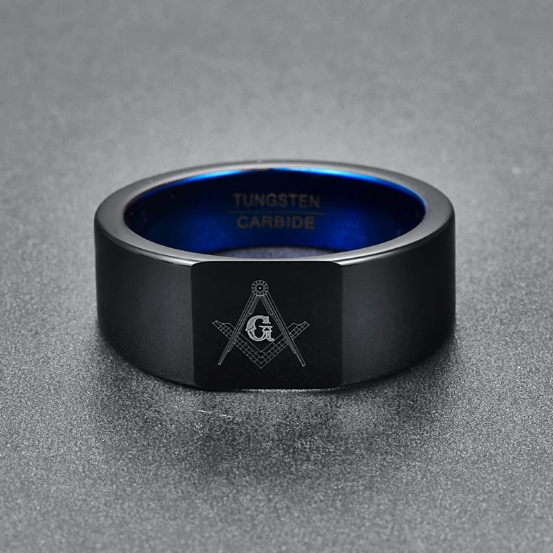 Personality 10mm Retro Big Head Style Tungsten Carbide Rings Vacuum Plating Black with Blue Rings Laser Masonic Sign  Jewelry