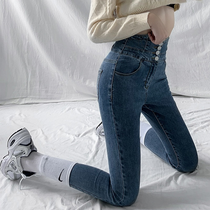 Skinny Pencil Jeans, Four Buttons, Vintage High Waist, Women's Slim Stretch Denim Pants Tight Trousers, Women's Pants