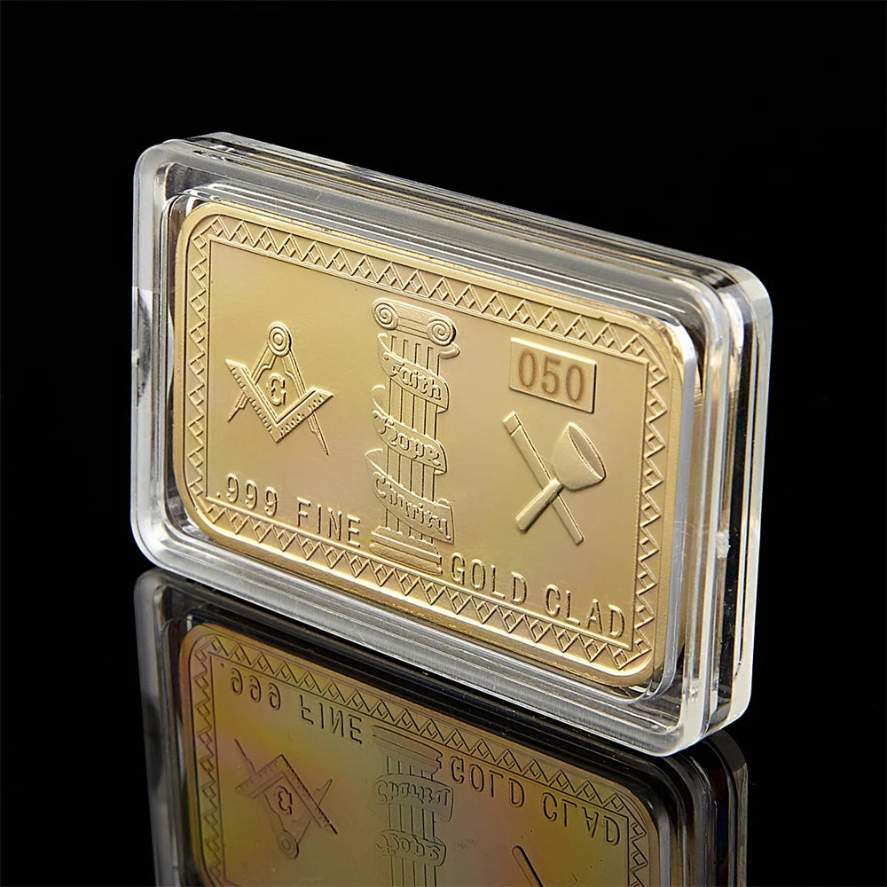 Freemasons Masonic Challenge Coin,  Free and Accepted Masons Fine Gold Clad 3D Design With Case Cover