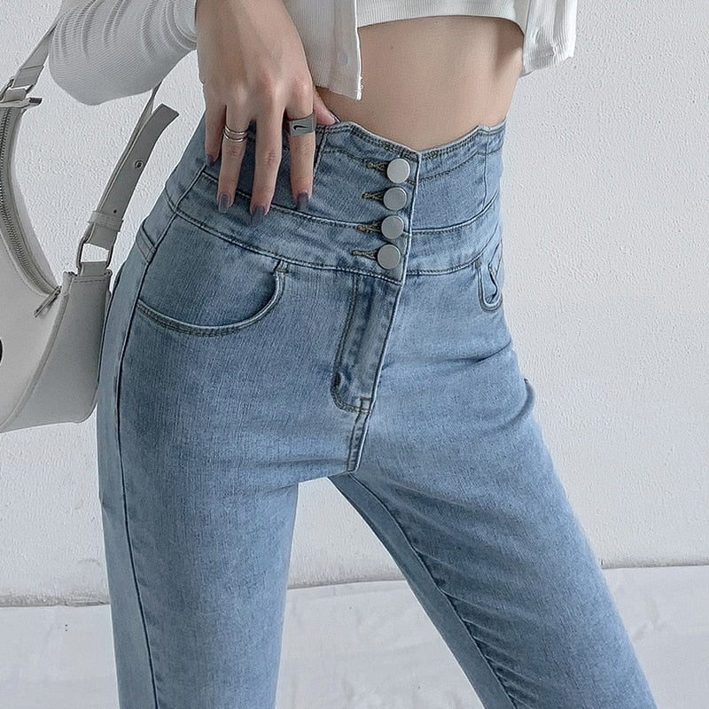 Skinny Pencil Jeans, Four Buttons, Vintage High Waist, Women's Slim Stretch Denim Pants Tight Trousers, Women's Pants