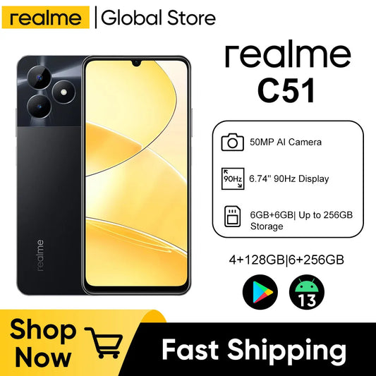 realme C51 6.74'' 90Hz Display 50MP AI Camera 33W SUPERVOOC Charge 5000mAh Battery 4GB+128GB Powerful Octa-core Smartphone