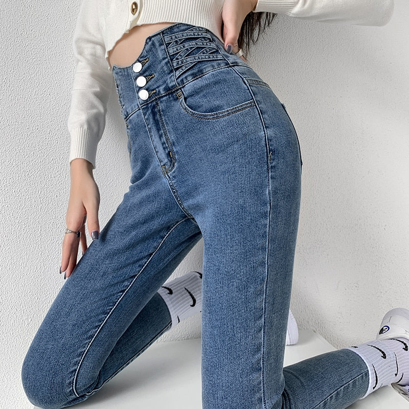 Skinny Pencil Jeans, Four Buttons, Vintage High Waist, Women's Slim Stretch Denim Pants Tight Trousers, Women's Pants