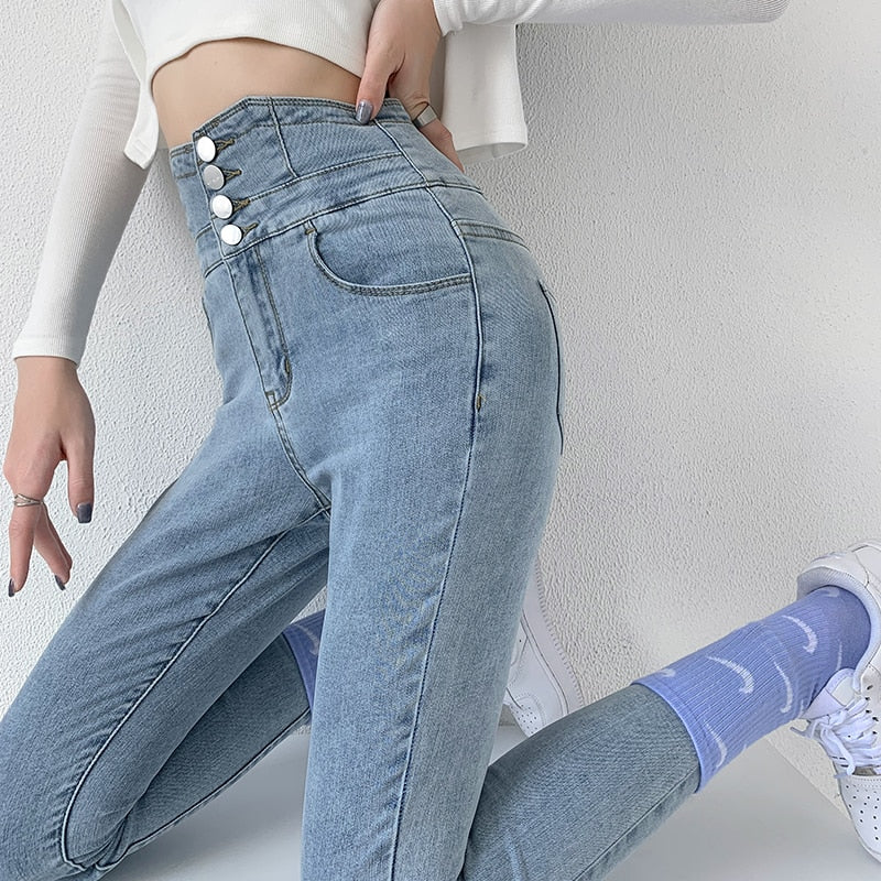 Skinny Pencil Jeans, Four Buttons, Vintage High Waist, Women's Slim Stretch Denim Pants Tight Trousers, Women's Pants