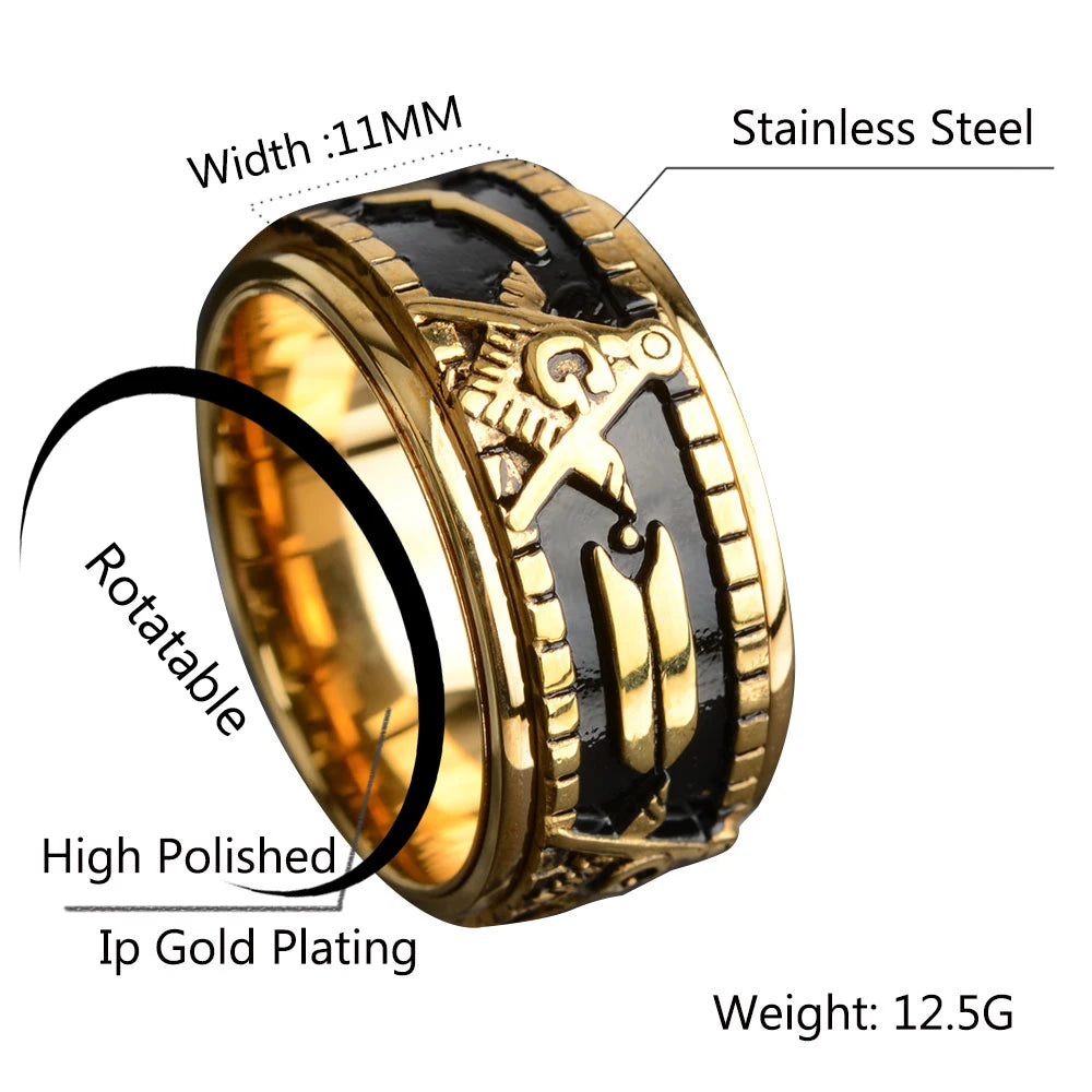 Rotatable Stainless Steel Masonic Rings for Men, Signet Freemason Ring,