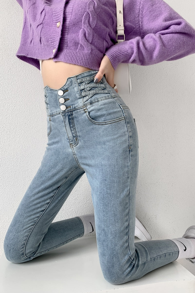 Skinny Pencil Jeans, Four Buttons, Vintage High Waist, Women's Slim Stretch Denim Pants Tight Trousers, Women's Pants