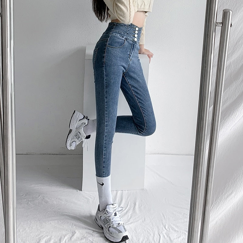 Skinny Pencil Jeans, Four Buttons, Vintage High Waist, Women's Slim Stretch Denim Pants Tight Trousers, Women's Pants