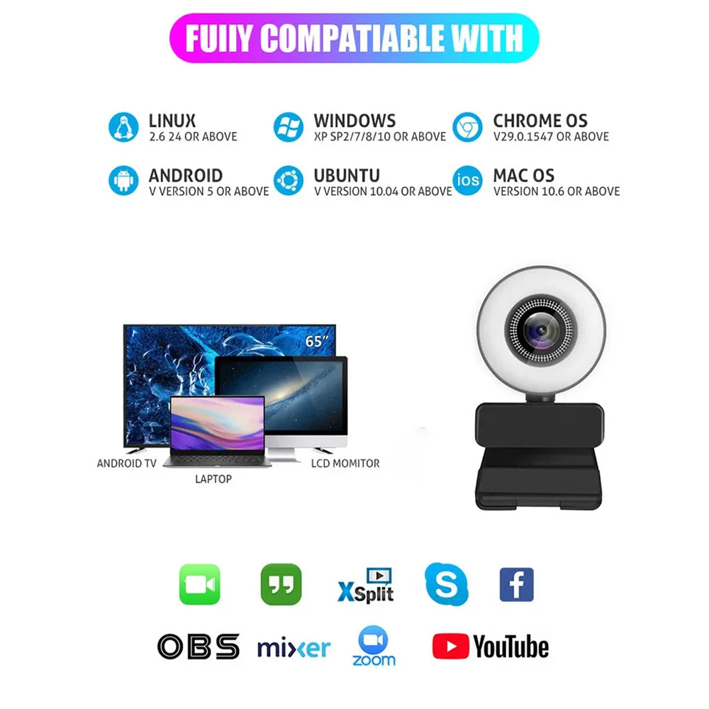 4K 2K 1080P WithLight Portable Full HD Webcam PC Laptop Auto Focus Webcam Live Streaming Flexible with Microphone Live Broadcast