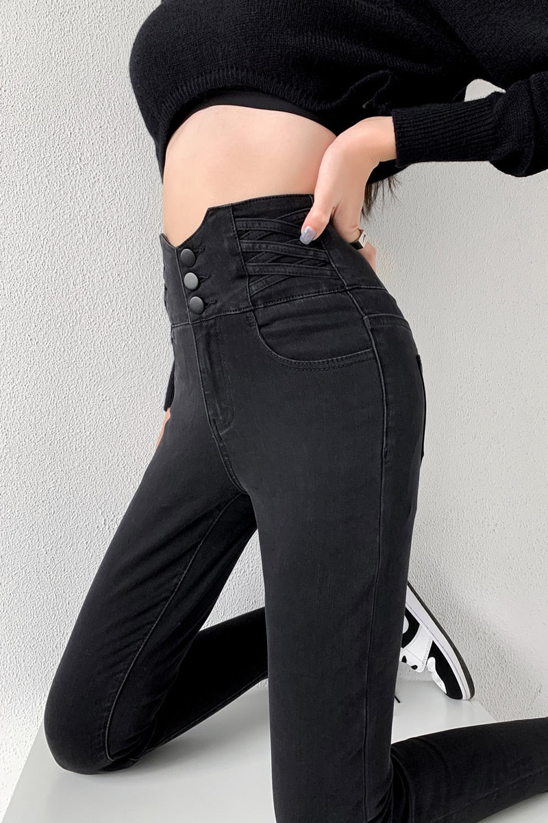 Skinny Pencil Jeans, Four Buttons, Vintage High Waist, Women's Slim Stretch Denim Pants Tight Trousers, Women's Pants