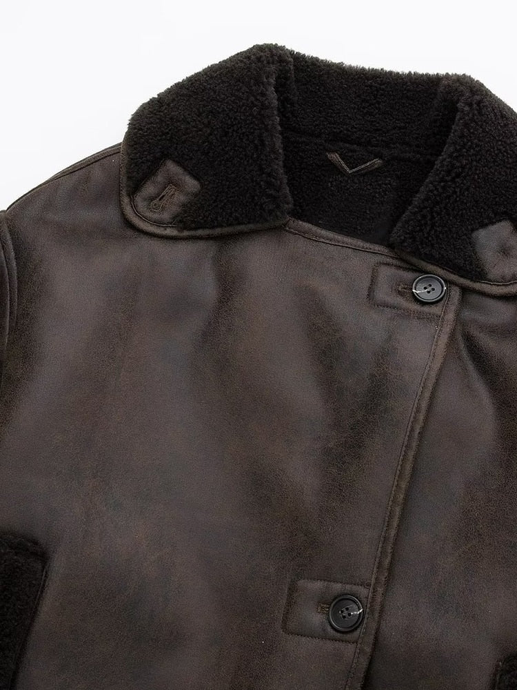 Winter Bomber Jacket Women Warm Lambswool Coat Female Vintage Faux Leather Jackets Lady Thick Lapel Button Outerwear Streetwear