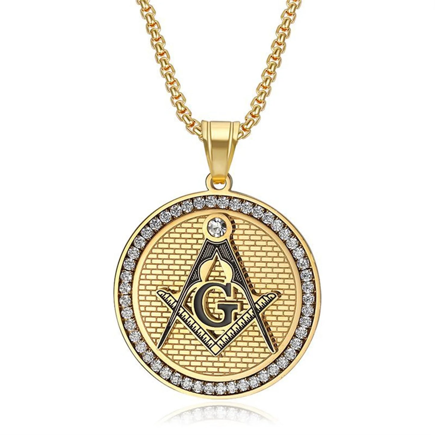 Fashion Mason Freemason Pendant, Gold Color Stainless Steel, Masonic Amulet, Round Necklace for Men,Illuminati Jewelry Gift