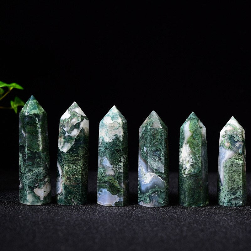 Natural Crystals Moss Agate Wands Healing Chakra Stones 6 Faceted Prism Aquatic Agate Single Point Tower Home Decor