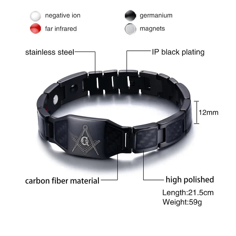 Black Magnetic Bracelet Men 316L Stainless Steel Hand Chain Masonic Bracelets Carbon Fiber