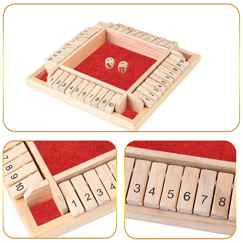 Deluxe Four Sided 10 Numbers Shut The Box Board Game Set Dice Party Club Games for Adults Families