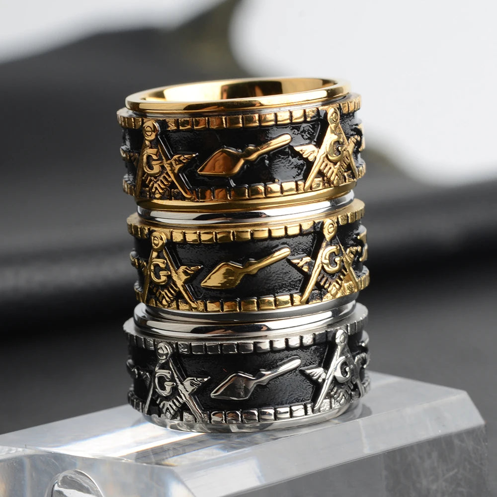 Rotatable Stainless Steel Masonic Rings for Men, Signet Freemason Ring,