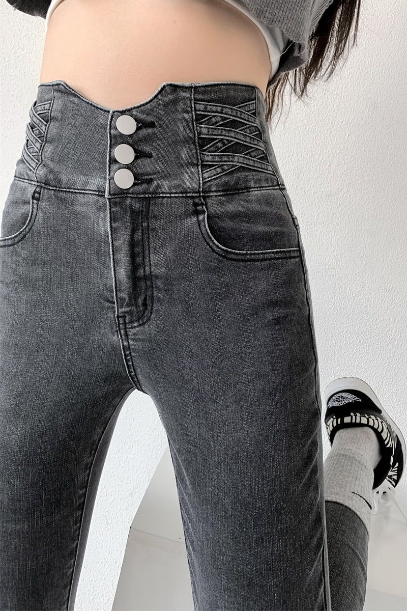 Skinny Pencil Jeans, Four Buttons, Vintage High Waist, Women's Slim Stretch Denim Pants Tight Trousers, Women's Pants