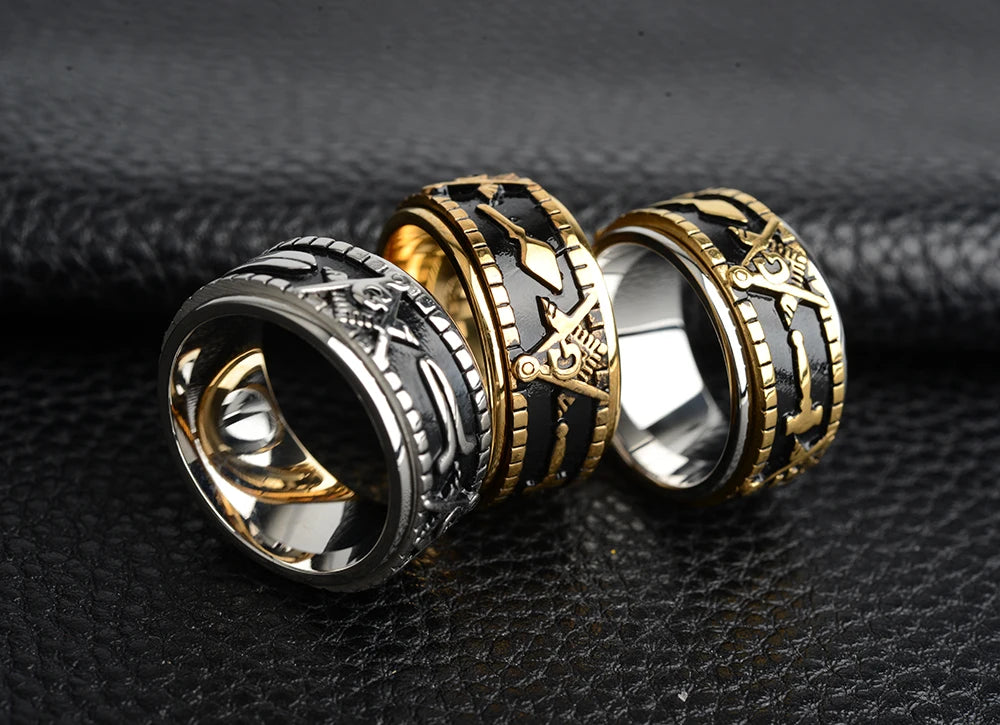 Rotatable Stainless Steel Masonic Rings for Men, Signet Freemason Ring,