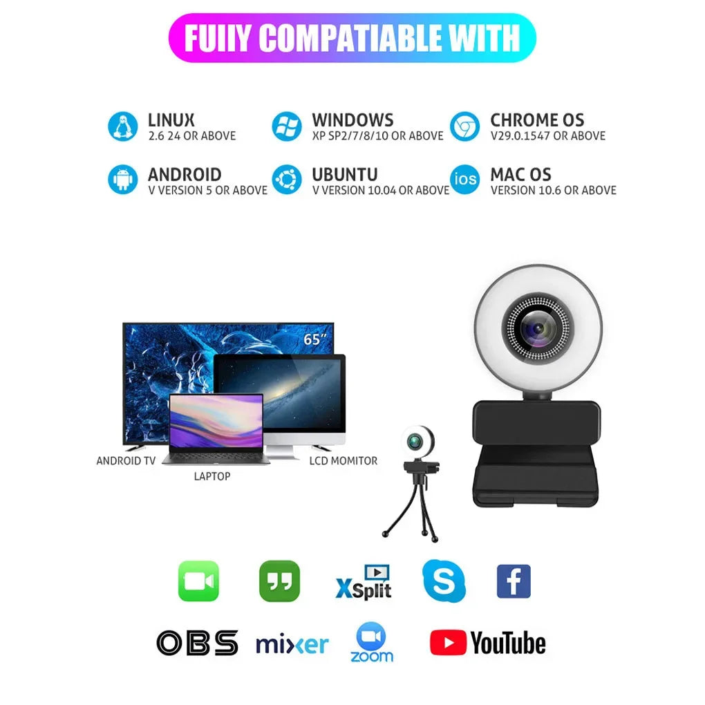 4K 2K 1080P WithLight Portable Full HD Webcam PC Laptop Auto Focus Webcam Live Streaming Flexible with Microphone Live Broadcast