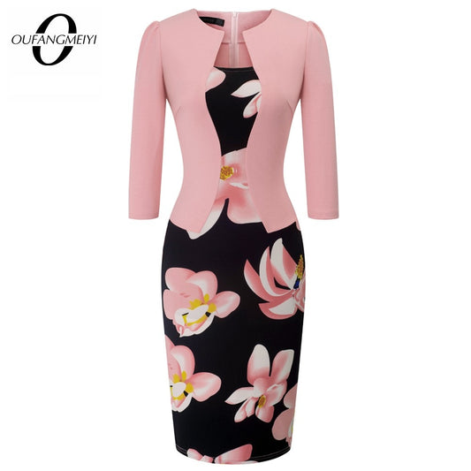 Women's Autumn Elegant One-piece Formal Business Dress, Floral Printed