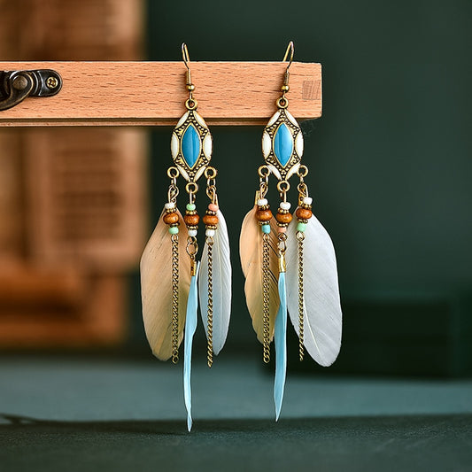 Ethnic Feather Dangle Earrings, Women Jewelry, Bohemian, Summer, Metal, Long Tassel, Ladies Earrings  Native American Jewelry
