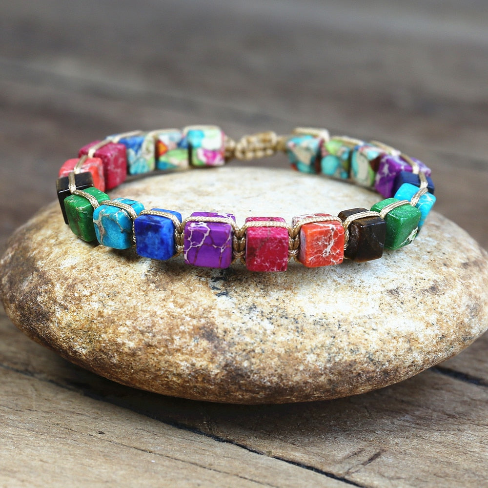 6MM Square Beads 7 Chakra Wrap Bracelet, String Braided Yoga Chakra Meditation Friendship Bracelet, Bangle Bohemian Jewelry