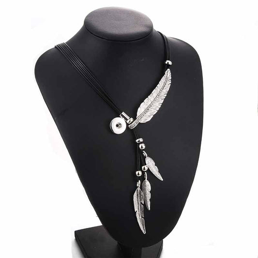 Genuine Leather Feather Shape Snap Pendant Necklace, fits all 18mm Snap Button Jewelry