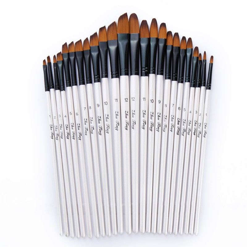 12 pcs/set Nylon Hair Wooden Handle Watercolor Paint Brush Set, Art Paint Brushes