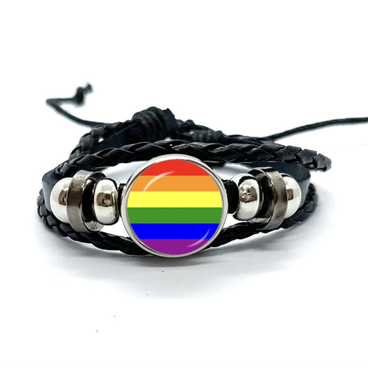 Pride Rainbow Gay Flag Leather Bracelet Gay Lesbian Bisexual Transgender Symbol Glass Snap Button LGBT Lesbians Jewelry Gift