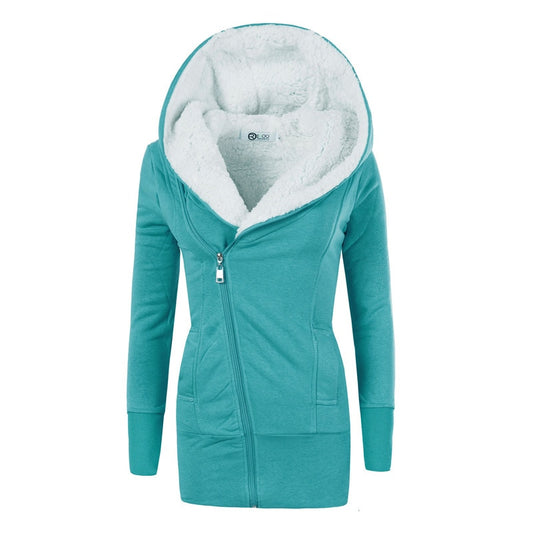 Women's Lamb Fleece Hooded Jacket. Zipper, Long Sleeve, Fleece Warm, Casual Mid-length