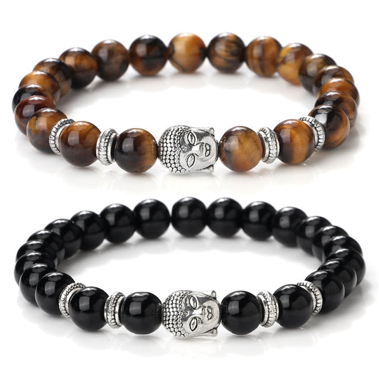 Vintage Buddha Beads Bracelet, For Men and Women, Natural Tiger Eye, Malachite, Black Lava Stone, Chakra Bracelets