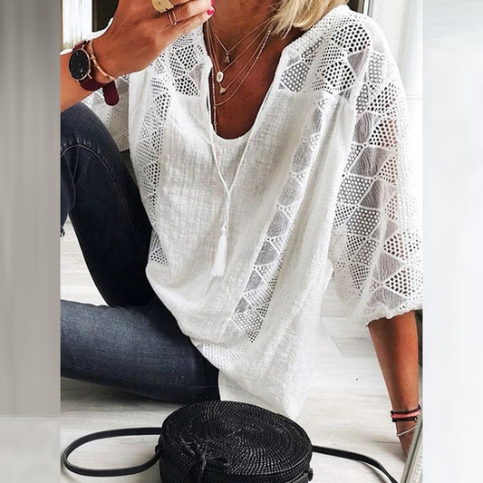 Women‘s Cotton Linen Tunic Tops V Neck 3/4 Sleeve Casual Loose T-Shirt Ladies Fashion Daily Clothing 2023