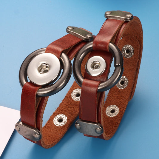 Brown Interchangeable Real Genuine Leather Bracelet, Choose 12mm or 18mm Snap Button Bracelet