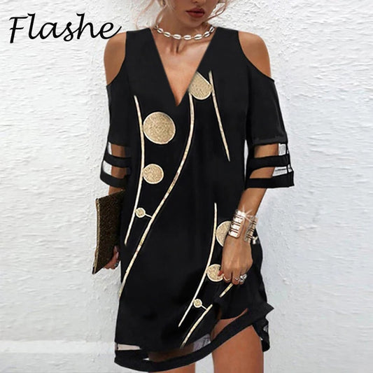 Summer Women"s Short Dress V Neck Short Sleeve Lace Mesh Patchwork Casual Loose Beach Dress Floral Print Mini Dress S-4XL