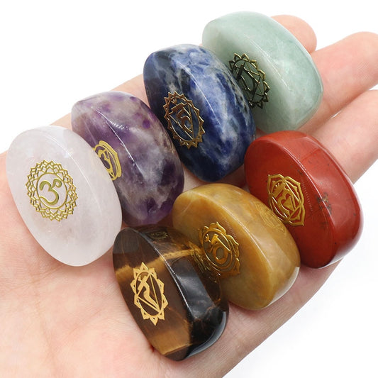 Set of 7 Pieces Natural Stones,  Reiki Healing Stones, Engraved  Seven Chakra Symbols, Reiki Healing Gems
